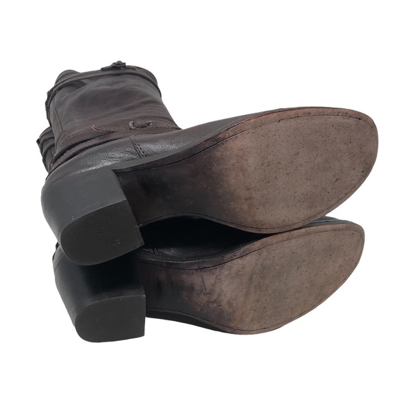 Frye Jane Chocolate Brown Tall Strappy Pull-On Chunky Heel Boots - Picture 8 of 11